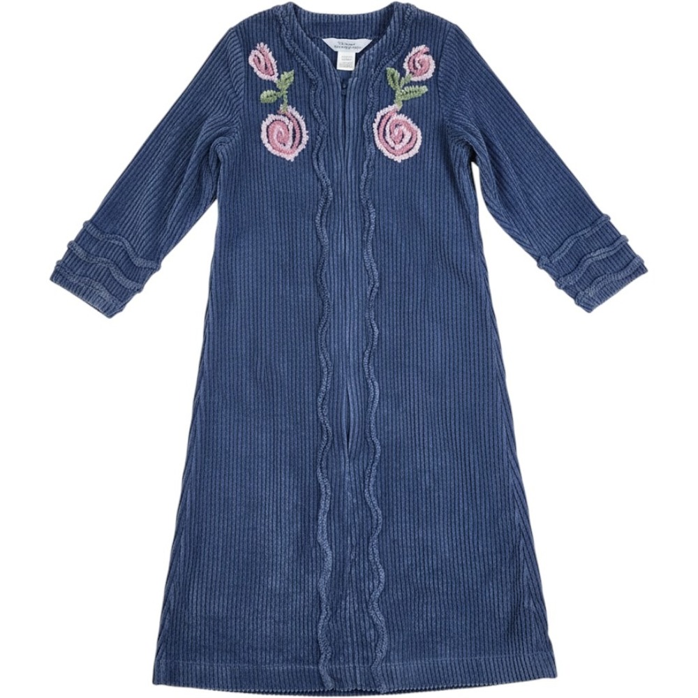Vermont Country Store Blue Chenille Floral Zip Robe Duster Sz XS Cottagecore